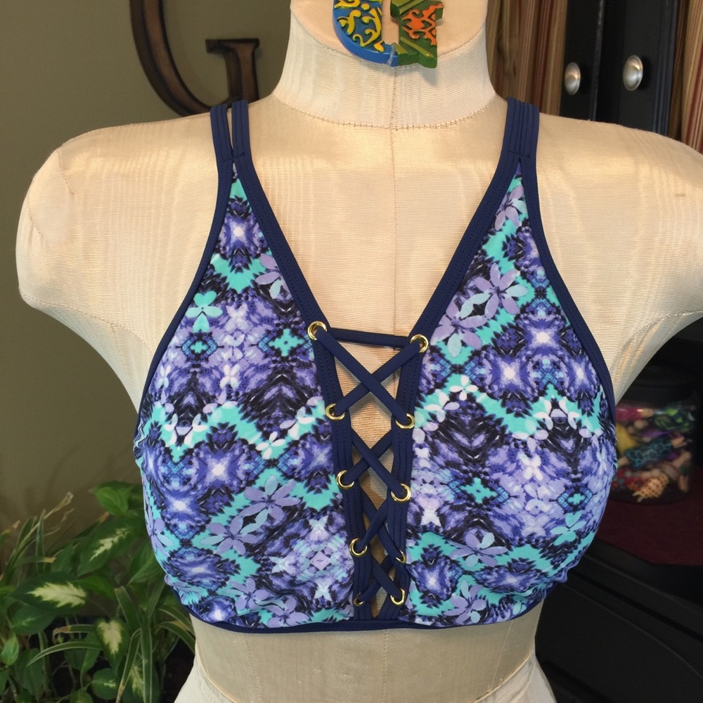 Island Soul Blue/Teal/Flower Print Bikini Top L